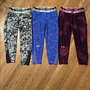 Under Armour Trio of Capris. Camo, Blue and Burgundy